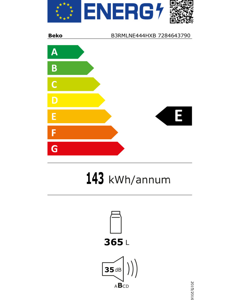 BEKO FRIGORIFICO 1PT 1,865X0,597X0,790MT NF 447LT INOX (E)
