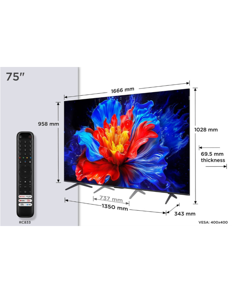 TCL QLED 75" 4K UHD GOOGLE TV 4HDMI 1USB (F)
